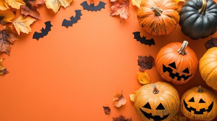 Halloween themed flat lay with orange backdrop and ample copy space