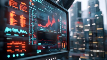 Futuristic market scene with holographic trading tools virtual financial hub and city skyline backdrop  Conceptual visualization of advanced technology and digital analytics in the finance industry