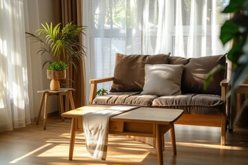 Interior of light living room with brown armchair, cushion, sofa and coffee table