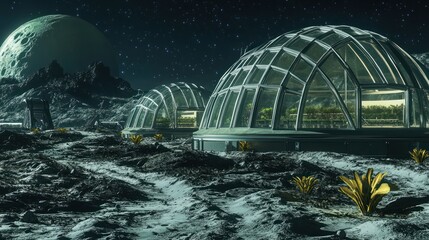 Fototapeta premium A futuristic space habitat on a distant moon, where humans live inside biodomes with sustainable farming, energy production, and advanced air filtration systems.