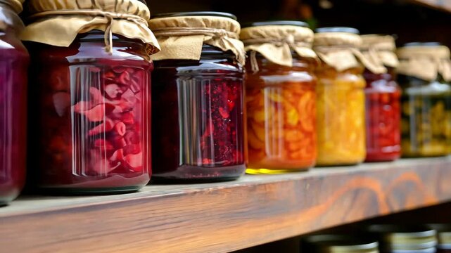 A row of colorful jars filled with preserves sit on a wooden shelf in a kitchen