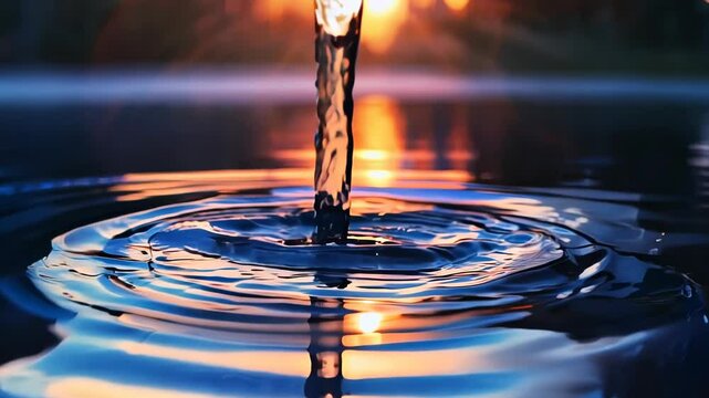 Crystal-clear water drop creates concentric ripples on reflective surface. Golden sunset light creates prismatic effect through water. Misty atmosphere adds ethereal quality. 
