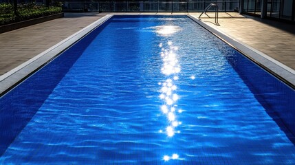 An swimming pool with bright blue water reflecting the sun, surrounded by clean, modern tiles and a pristine deck.