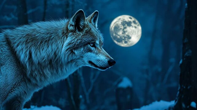A wolf stands in the snowy forest under a full moon