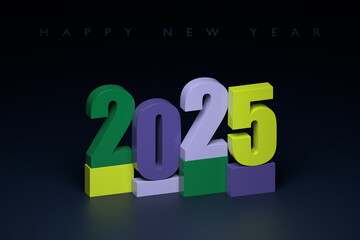 2025 new year card with 3d realistic year number on colorful  background. 3D illustration. Volumetric figures 2025 at an angle, space for text for New Year's greetings, New Year's corporate banner