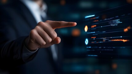 Fototapeta premium CEO Reviewing Digital Business Plan with Holographic Charts on Cutting Edge Technology Background Modern Corporate Strategy Data Analytics and Financial Report Presentation
