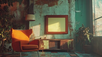 A rustic living room with a vintage armchair, a wooden cabinet, and a blank picture frame on the wall.