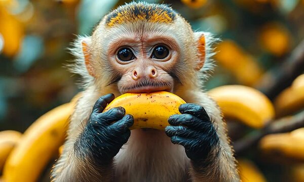 A monkey holding a banana, showcasing its playful nature.