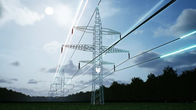 Timelapse visualization of energy travelling through industrial power tower cables over cloudy sky during day night cycle. AR data of electricity obtained from sustainable sources, 3d animation