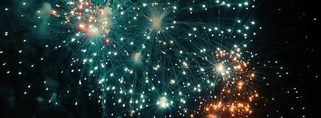 Banner Green firework in night time celebrate national holiday. Green Firework celebrate...