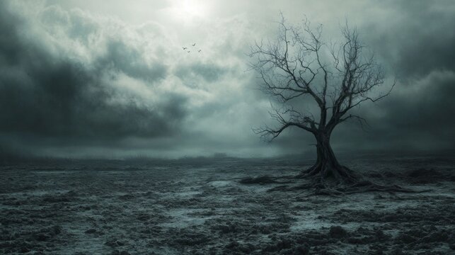 A solitary, bare tree stands in a desolate landscape under a cloudy sky with a faint sun.