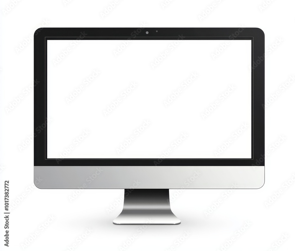 Poster a black and silver desktop computer with a blank white screen.