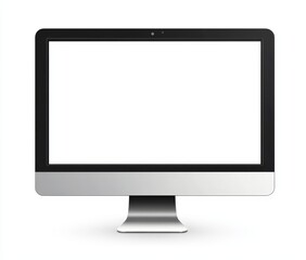 A black and silver desktop computer with a blank white screen.