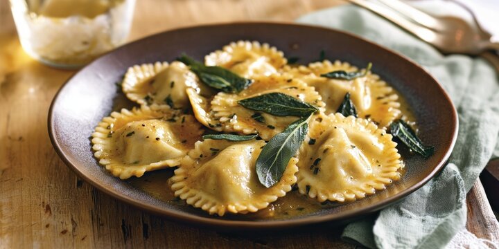 a plate of pasta with spinets and basil leaves