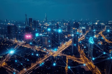 Fototapeta premium Illuminated Cityscape with a Network of Interconnected Lines