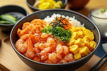 Japanese Seafood Donburi with Shrimp, Eggs, and Rice