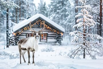Reindeer stands in front of a cabin in the snow