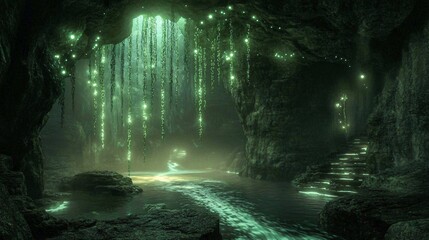 Fototapeta premium A mystical cave with a river and glowing lights.