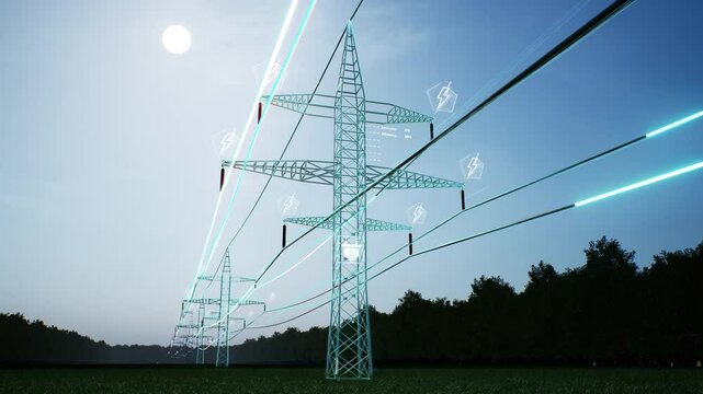 Industrial metal power tower with high voltage current flowing through wires over sky horizon, AR data. Infrastructure enabling distribution of electricity, 3d render animation timelapse