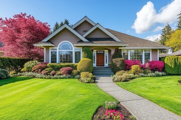 A beautiful house with a lush green lawn and a walkway leading to the front door.
