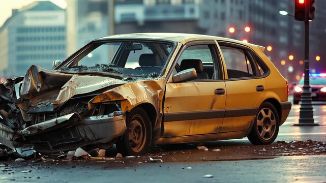 A yellow car sits on a city street, badly damaged from an accident