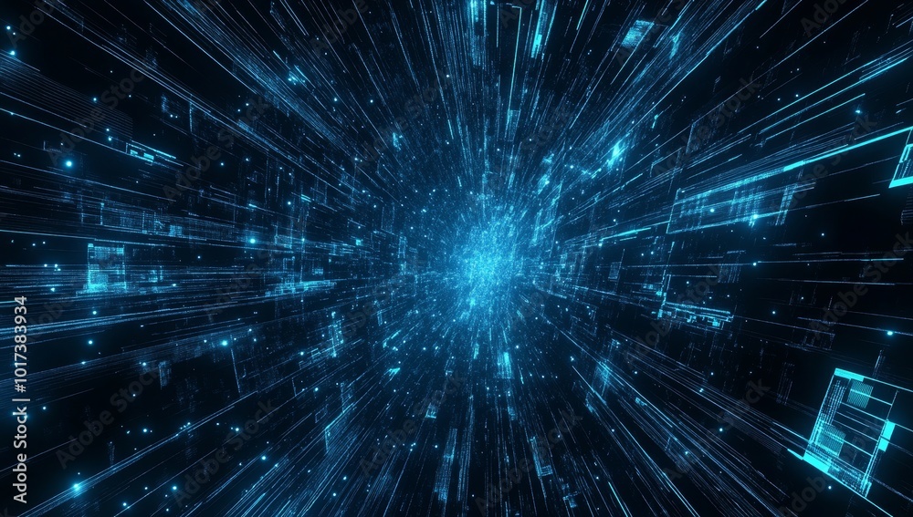 Poster Abstract blue digital lines and particles moving upwards to a light source in the center on a black background.