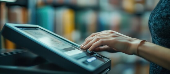 Closeup of a woman's hand using a touch screen point of sale terminal.
