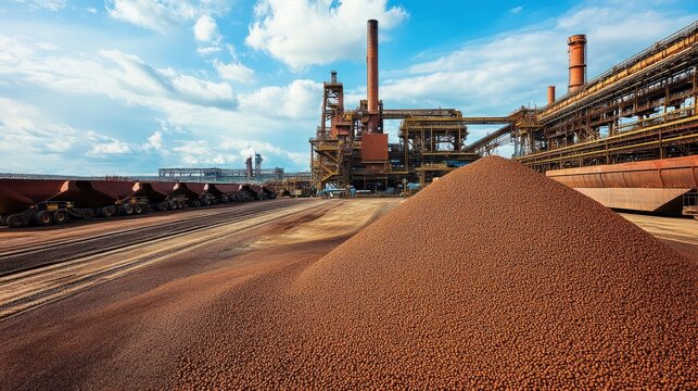 A massive pile of iron ore pellets being stored in a large outdoor facility, ready for transportation, with heavy machinery moving the pellets into waiting cargo trucks.
