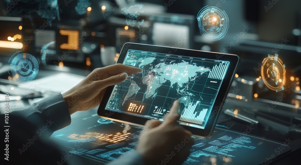 Aufkleber a person's hand gestures across a tablet displaying a world map with glowing light blue lines, data,