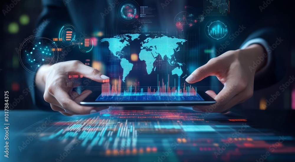 Leinwandbilder Person using a tablet to analyze data and statistics with a glowing world map and charts.