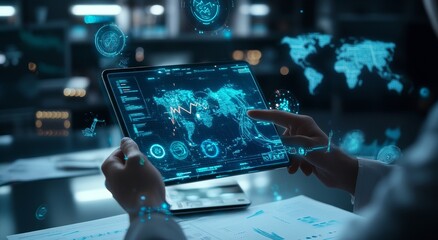 Close up of a hand using a tablet with a futuristic interface displaying a world map with data analysis.