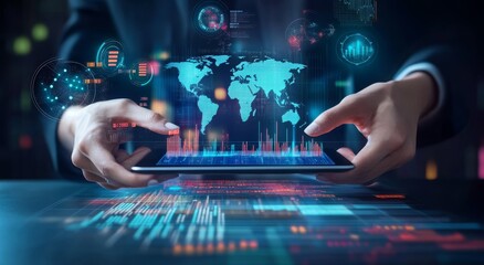 Person using a tablet to analyze data and statistics with a glowing world map and charts.