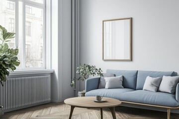 Fototapeta premium A blue sofa with pillows sits in front of a large window, next to a round wooden coffee table with a cup of coffee, in a modern living room.