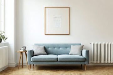 Modern living room interior design with a light blue sofa, wooden table and a framed picture on the white wall.