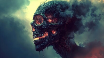 Burning Skull in Dark Smoke - Fantasy Horror Art