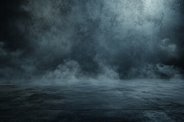 Dark blue textured wall background with smoke and a concrete floor.