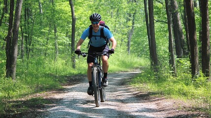 Naklejka premium A Bicyclist Riding a Blue Mountain Hardtail Bicycle on a Scenic Trail Surrounded by Nature. This Image Captures the Excitement and Freedom of Mountain Biking, Featuring the Cyclist in Motion 