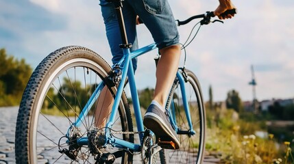 A Bicyclist Riding a Blue Mountain Hardtail Bicycle on a Scenic Trail Surrounded by Nature. This Image Captures the Excitement and Freedom of Mountain Biking, Featuring the Cyclist in Motion 