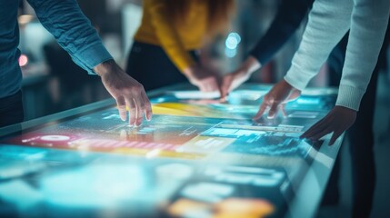 A modern advertising agency brainstorming around a large touchscreen, discussing visual ideas for a new multimedia campaign, with bold designs and striking visuals on display.