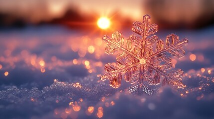 A single, perfectly formed snowflake rests in the snow against a backdrop of a vibrant sunset.