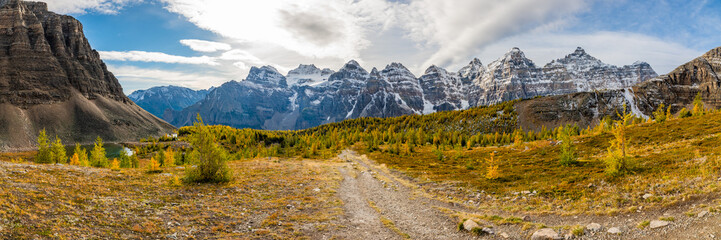 Beautiful fall time scenic views at Sentinal Pass, Larch Valley during September with light snow covering the incredible landscape in northern Canada, Banff National Park. 