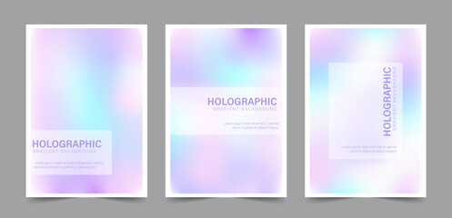 Fototapeta premium Y2k Holographic Gradient Background. Set of trendy abstract neon templates. Iridescent aura posters. Modern pearlescent vector. Pastel minimalist backdrop for posts, brochures or banners.