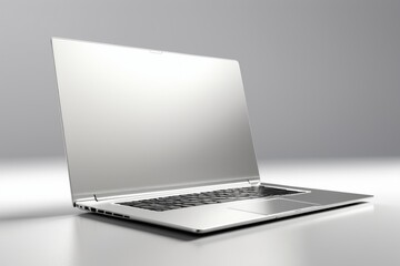 silver black laptop with white blank screen on solid white background