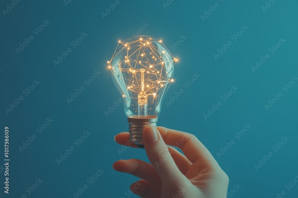 Poster hand holding a glowing lightbulb with a network of lights inside against a blue background.
