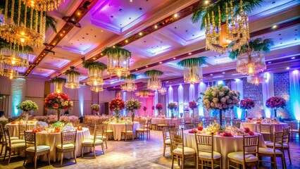 A sophisticated wedding venue adorned with beautiful decorations, captivating lighting, and thoughtfully arranged seating, ideal for hosting unforgettable events 