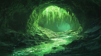 A mystical green cave with a flowing stream and a glowing light at the end.