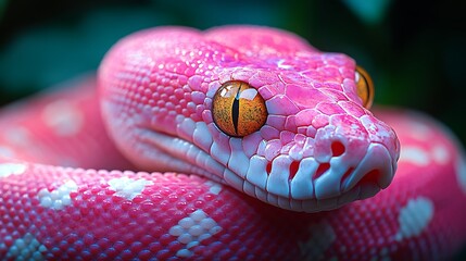 Obraz premium Close-up of a pink snake with white markings and yellow eyes, coiled up in a green leafy background.