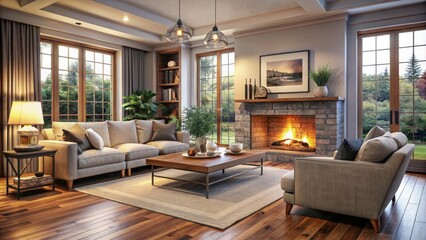 Fototapeta premium Arrange your living room furniture around a cozy fireplace to create a warm, inviting space that fosters comfort and connection for family and friends.