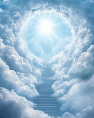 A stairway to heaven through fluffy clouds with a bright sun shining above. © adri