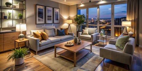 Fototapeta premium Arrange your furniture thoughtfully in a small living room to maximize space, improve comfort, and elevate style for a cozy, inviting atmosphere.